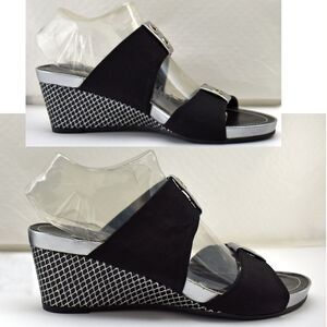 Amalfi by Rangoni Black Metallic Silver Open Toe Wedge Heel Sandals - Women's 7M